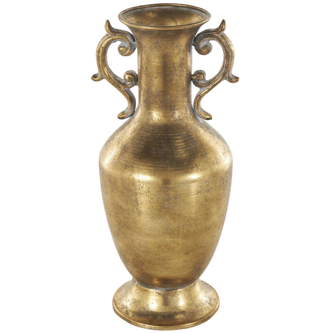 Gold Metal Weathered Vintage Amphora Decorative Vase with Scroll Handles